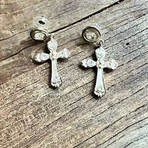 Vintage Cross Clear Rhinestone Charm Silver Tone Stud Dangle Earrings Jewelry